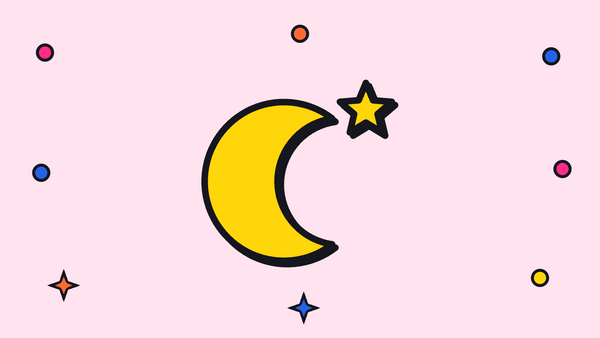 A yellow crescent moon and a star with small sparkles, on a pale pink background.