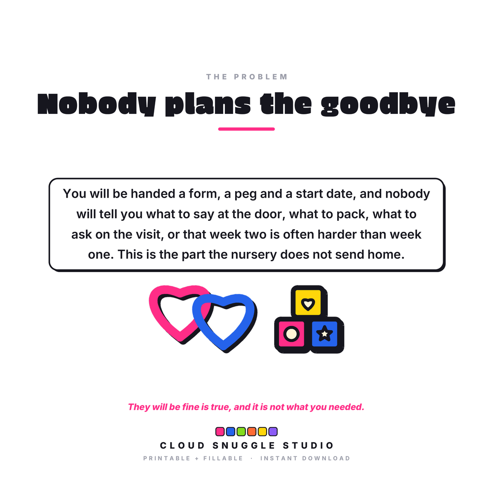 Card headed Nobody plans the goodbye, explaining that a nursery gives you a form, a peg and a start date but never tells you what to say at the door.