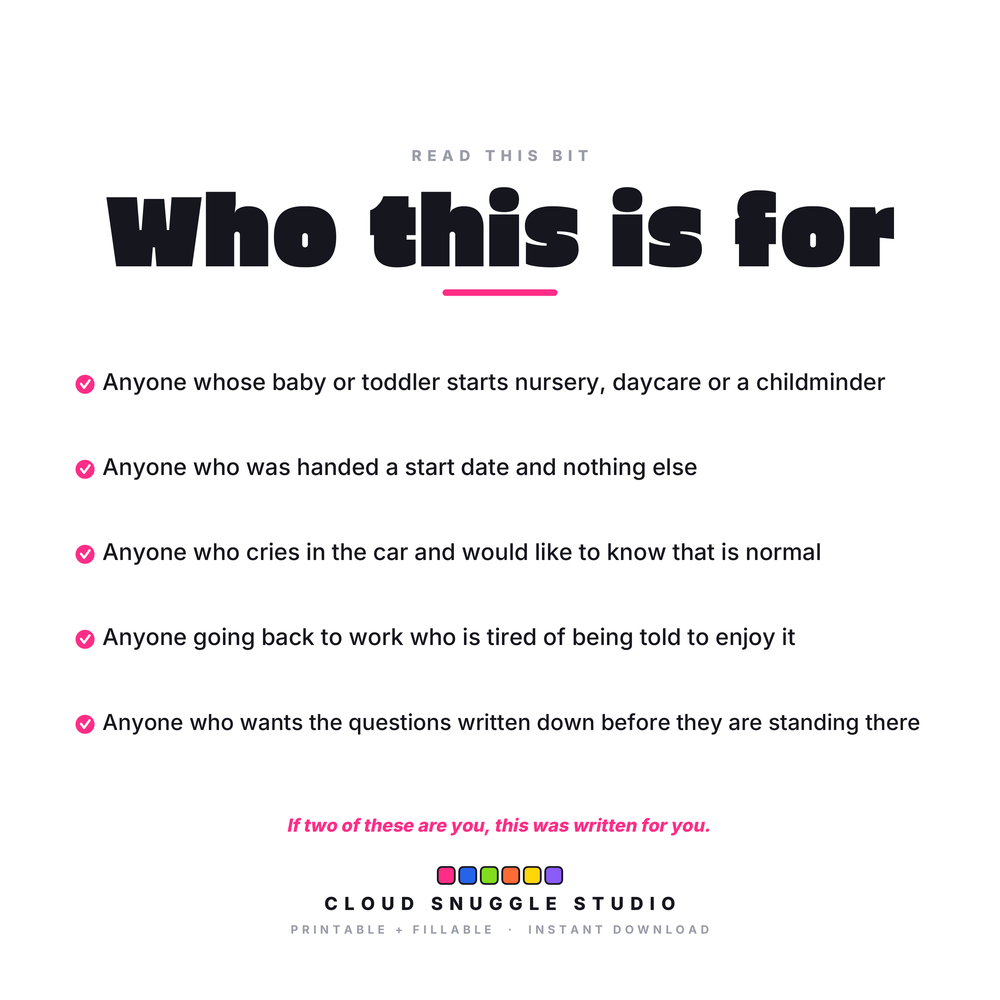 Card naming who the pack is for, including parents of a baby or toddler starting nursery, daycare or a childminder for the first time.