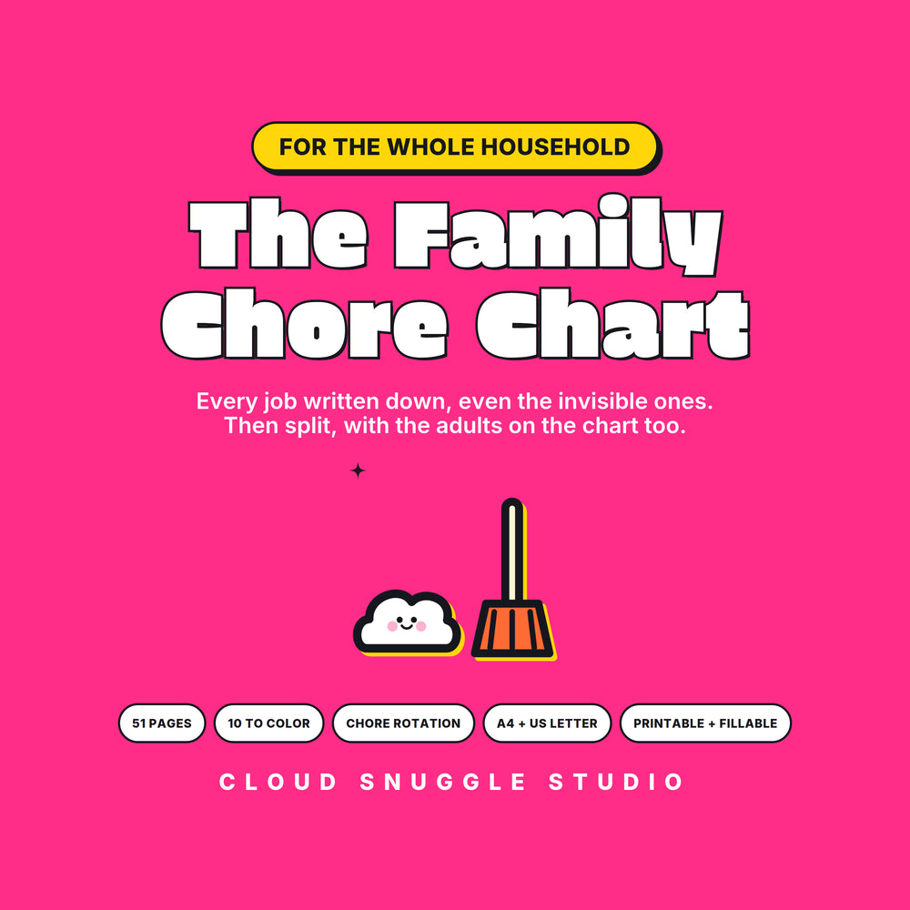 Hero image for The Family Chore Chart, a printable household chore chart for adults and kids, with a cloud and a broom, 51 pages, chore rotation, printable and fillable.