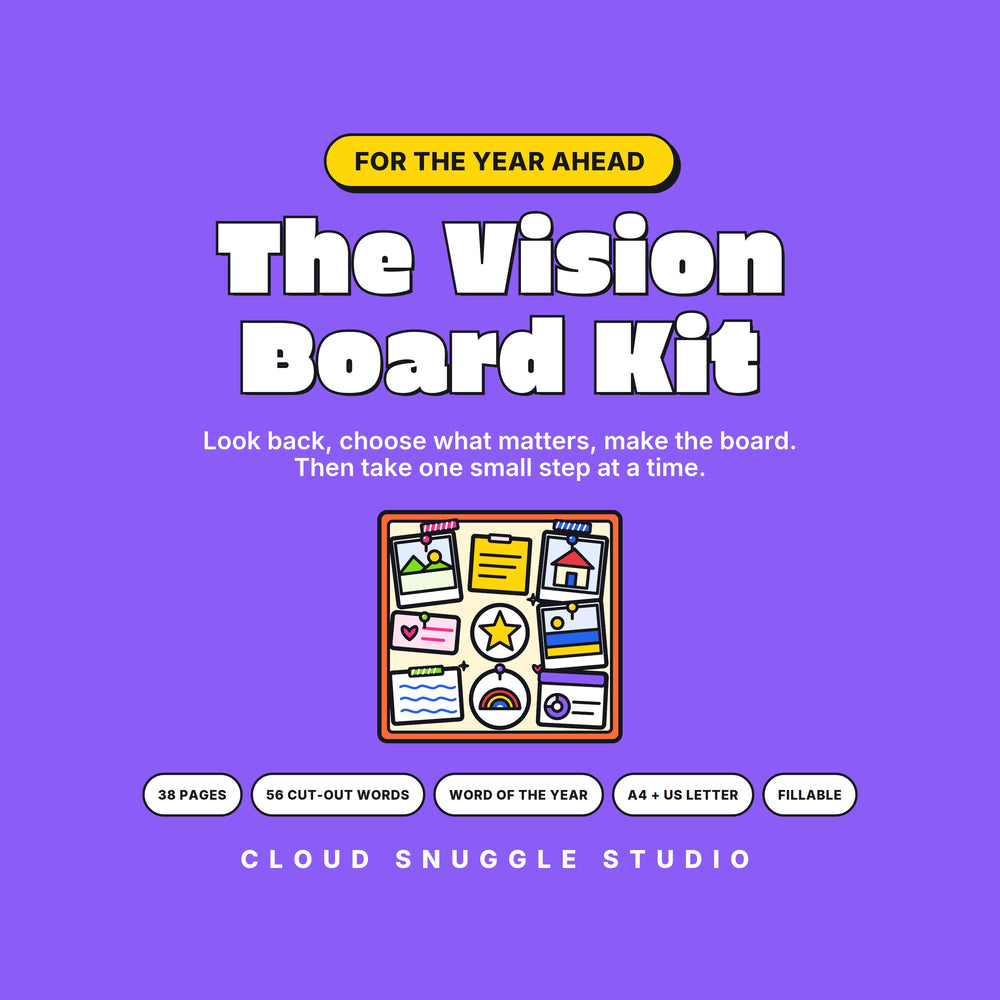 Vision board kit printable, The Vision Board Kit by Cloud Snuggle Studio, on a violet cover with a pinned vision board, 38 pages with 56 cut-out words, printable and fillable.