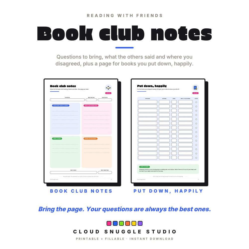 Book club notes with questions to bring and what the others said, next to put down, happily for books you stopped reading.