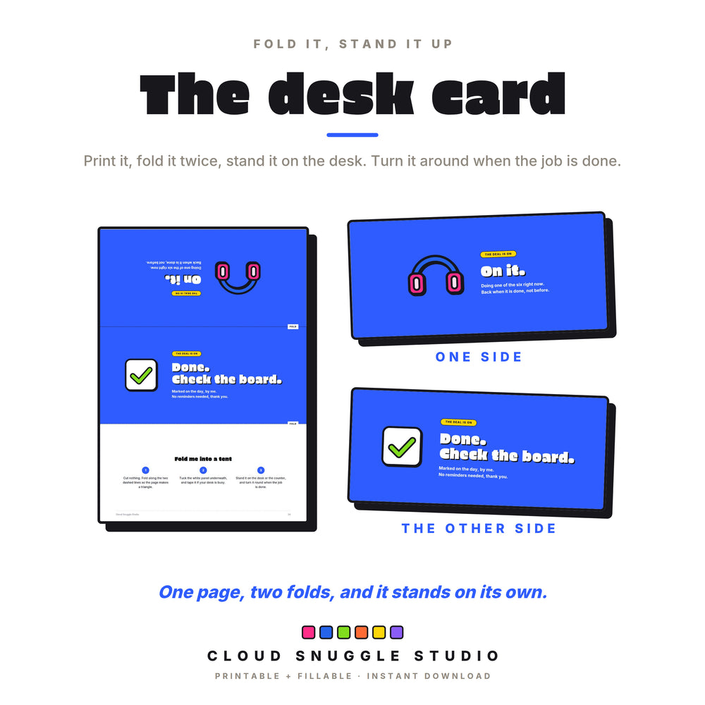 The desk card from the teen chore chart, a page that folds into a tent with On it on one side and Done on the other.
