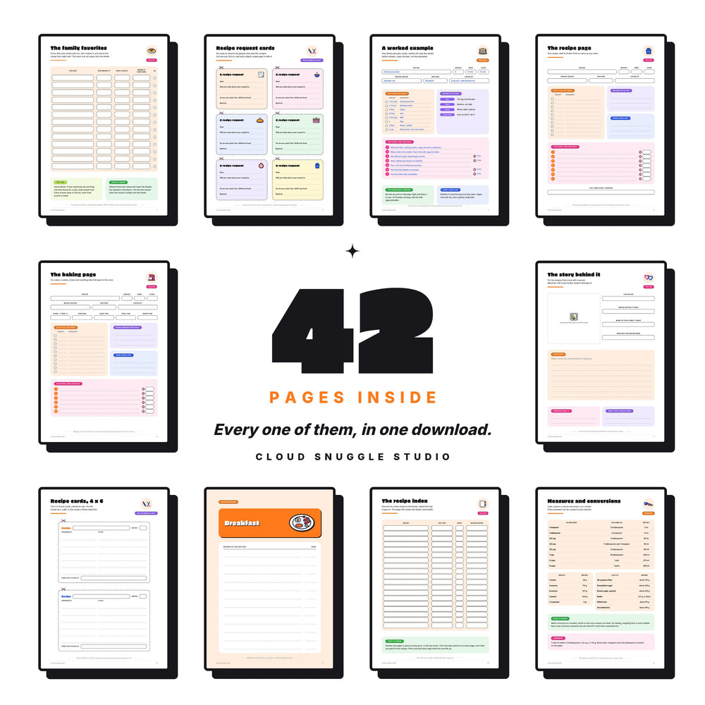 A grid of 10 page previews around a large 42 shows all pages in one download, from the favorites list to the dividers and conversions.