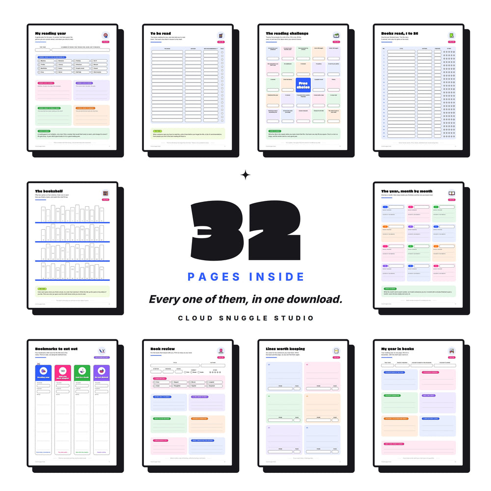 A grid of 10 page previews around a large 32 shows all pages in one download, from the reading year to the bookshelf and the reviews.