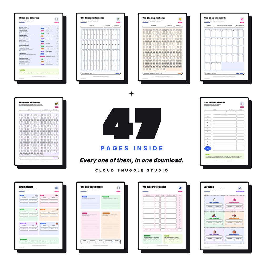 A grid of 10 page previews around a large 47 shows all pages in one download, from the chooser to the jar labels.
