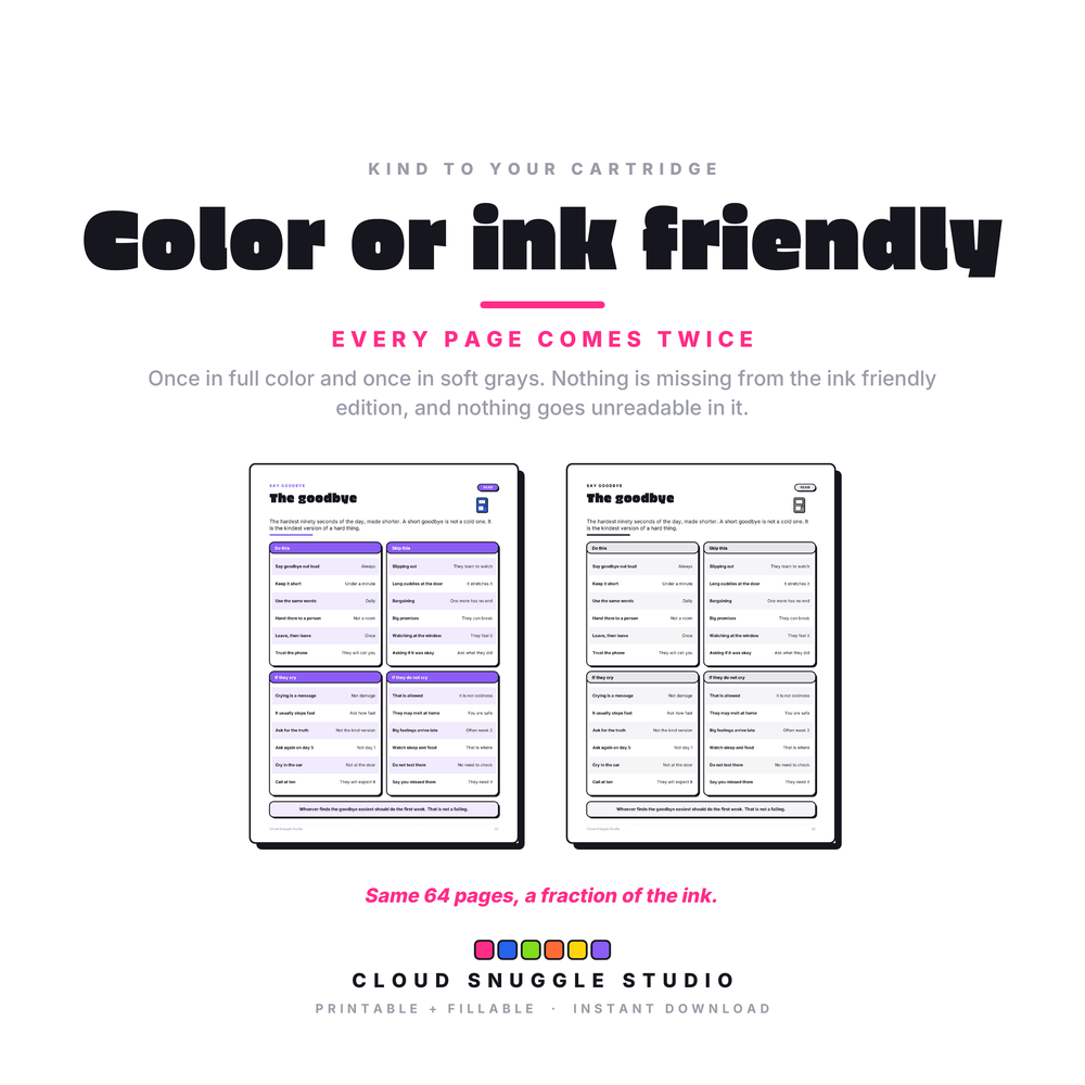 Card comparing the same page printed in full color and in the ink friendly gray version, side by side.
