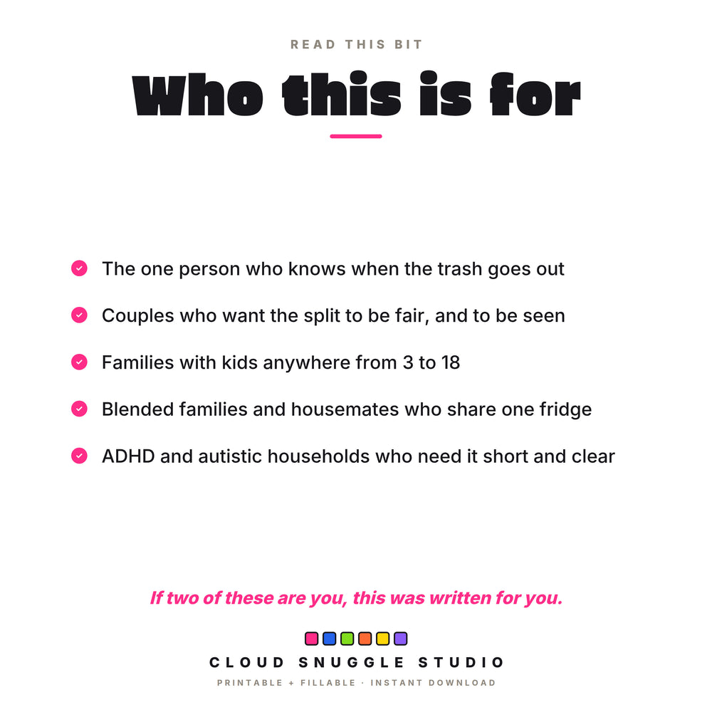 Who the family chore chart is for: couples, families with kids from 3 to 18, blended families, housemates, and ADHD and autistic households.