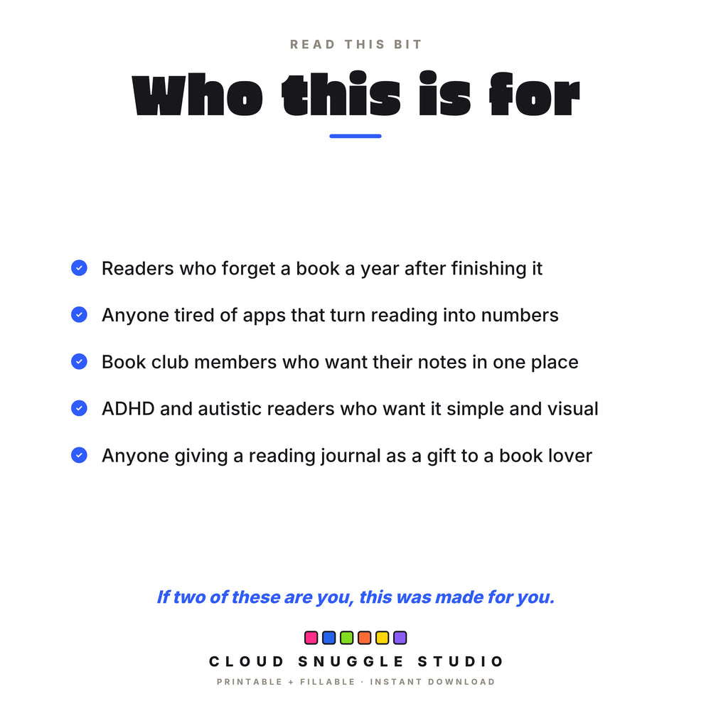 Who the reading journal is for, including readers who forget books, book club members, and ADHD and autistic readers.