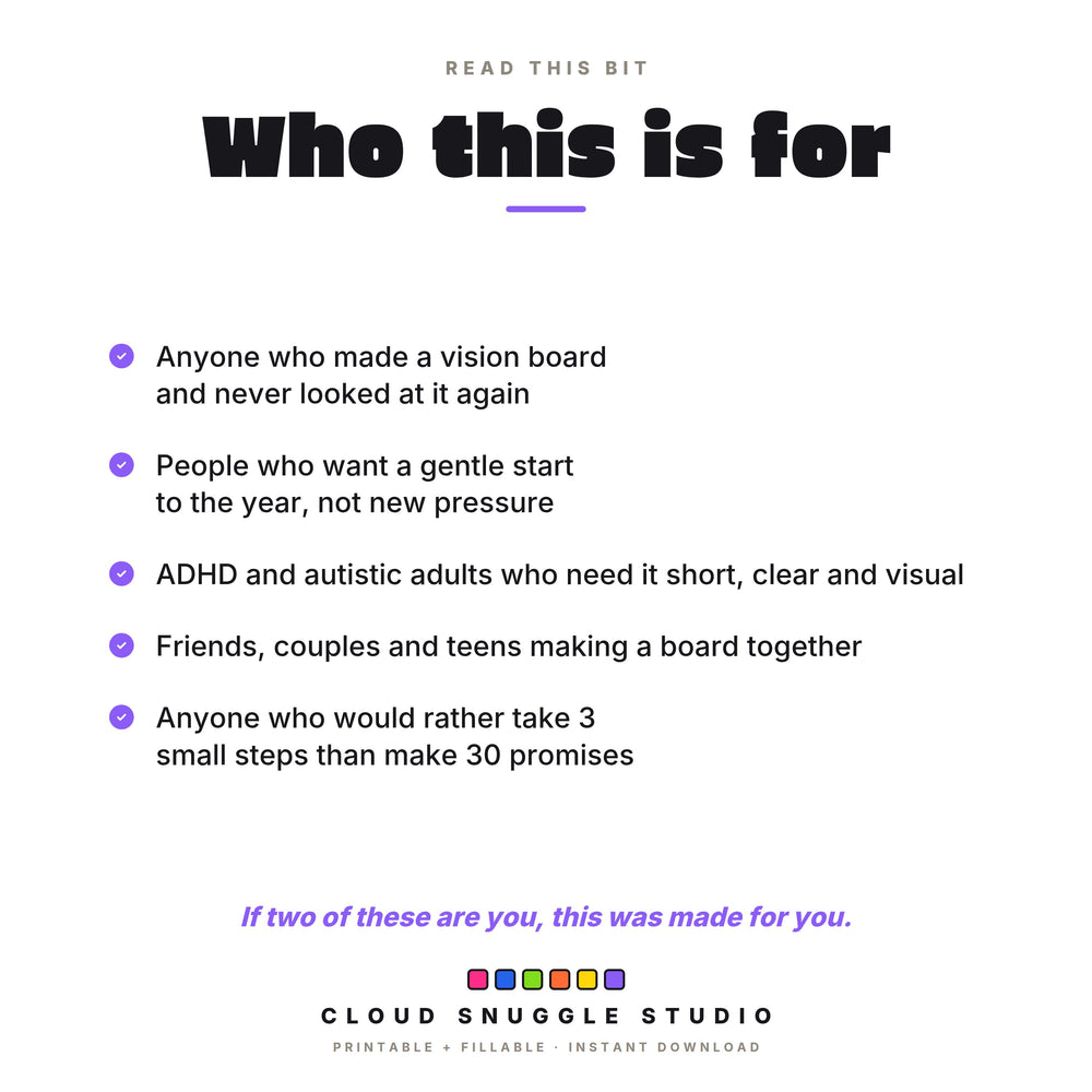 Who the vision board kit is for, including anyone whose last board ended up behind a door, and ADHD and autistic adults.