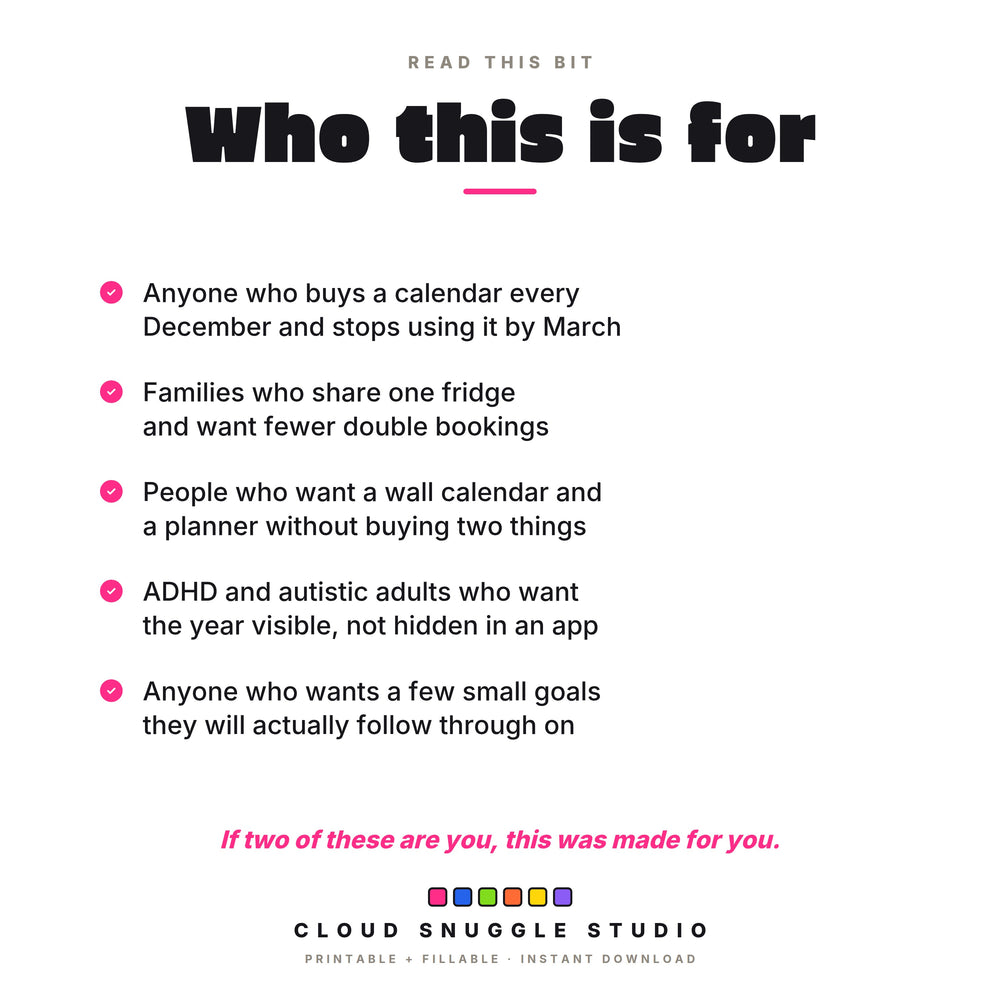 Who The Year Ahead 2027 is for, including families who share one fridge, and ADHD and autistic adults who want the year visible.