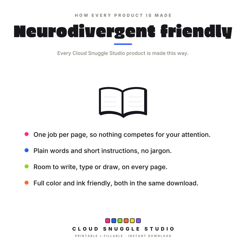 Neurodivergent friendly in every product, with an open book: one job per page, plain words, room to write, and color plus ink friendly editions.