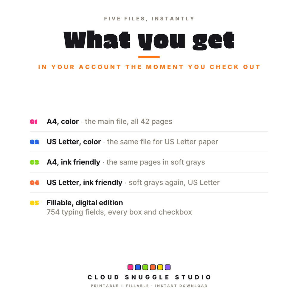 What you get: 5 PDF files, A4 color, US Letter color, A4 ink friendly, US Letter ink friendly, and a fillable edition with 754 fields.