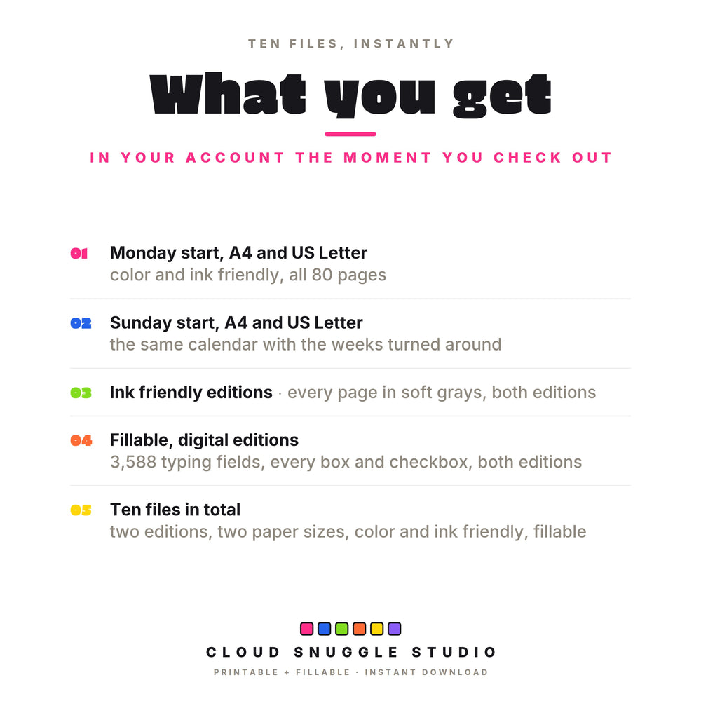 What you get: 10 PDF files, Monday start and Sunday start, each in A4 and US Letter, color and ink friendly, plus fillable editions with 3,588 fields.