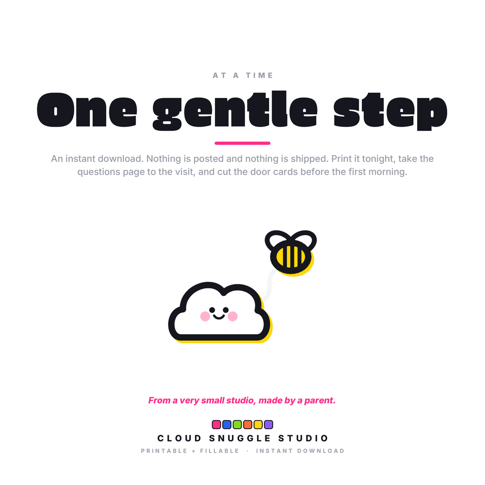 Closing card reading One gentle step at a time, with the studio wordmark and a note that this is an instant download.