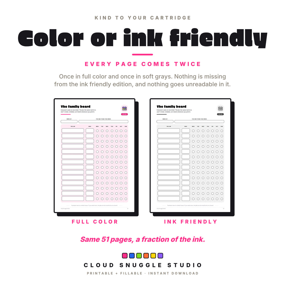 The family board shown twice, in full color and in the ink friendly soft gray edition.