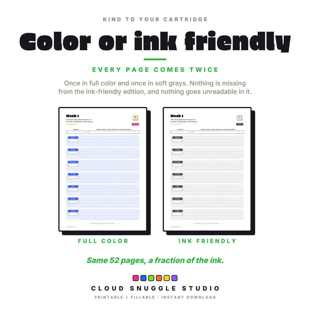 The week 1 gratitude page in full color and in ink friendly grays, with both versions in one download.