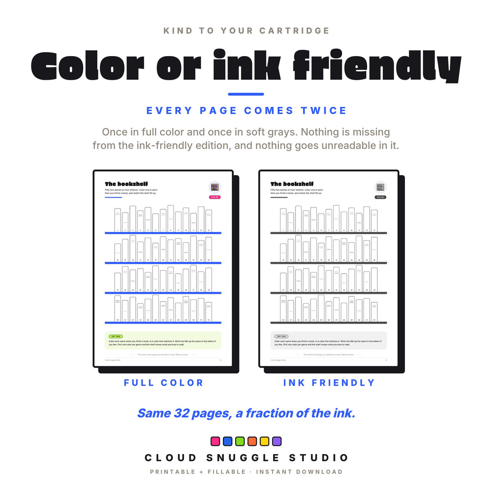 The bookshelf tracker in full color and in ink friendly grays, with both versions in one download.
