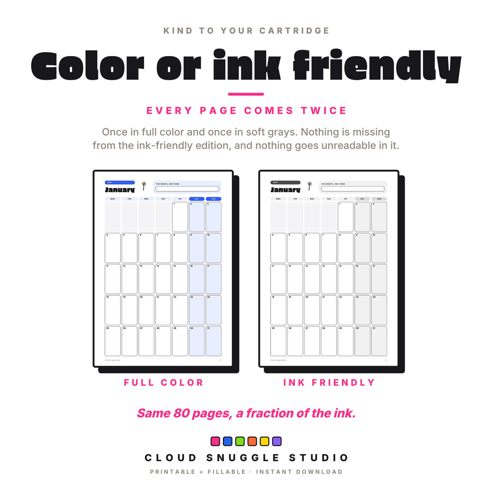 The January wall calendar page in full color and in ink friendly grays, with both versions in one download.
