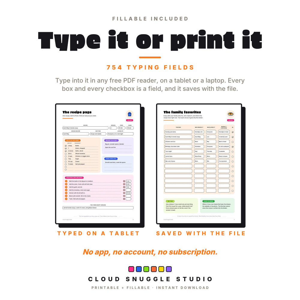 The fillable edition with a tomato soup recipe typed onto the recipe page, and the family favorites list filled in.