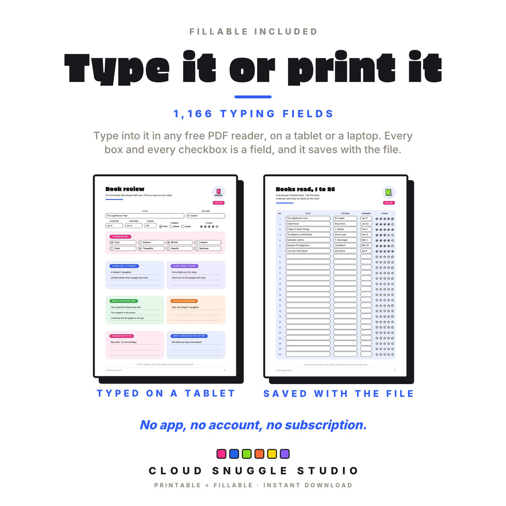 The fillable edition with a book review typed in and seven books logged with their stars.