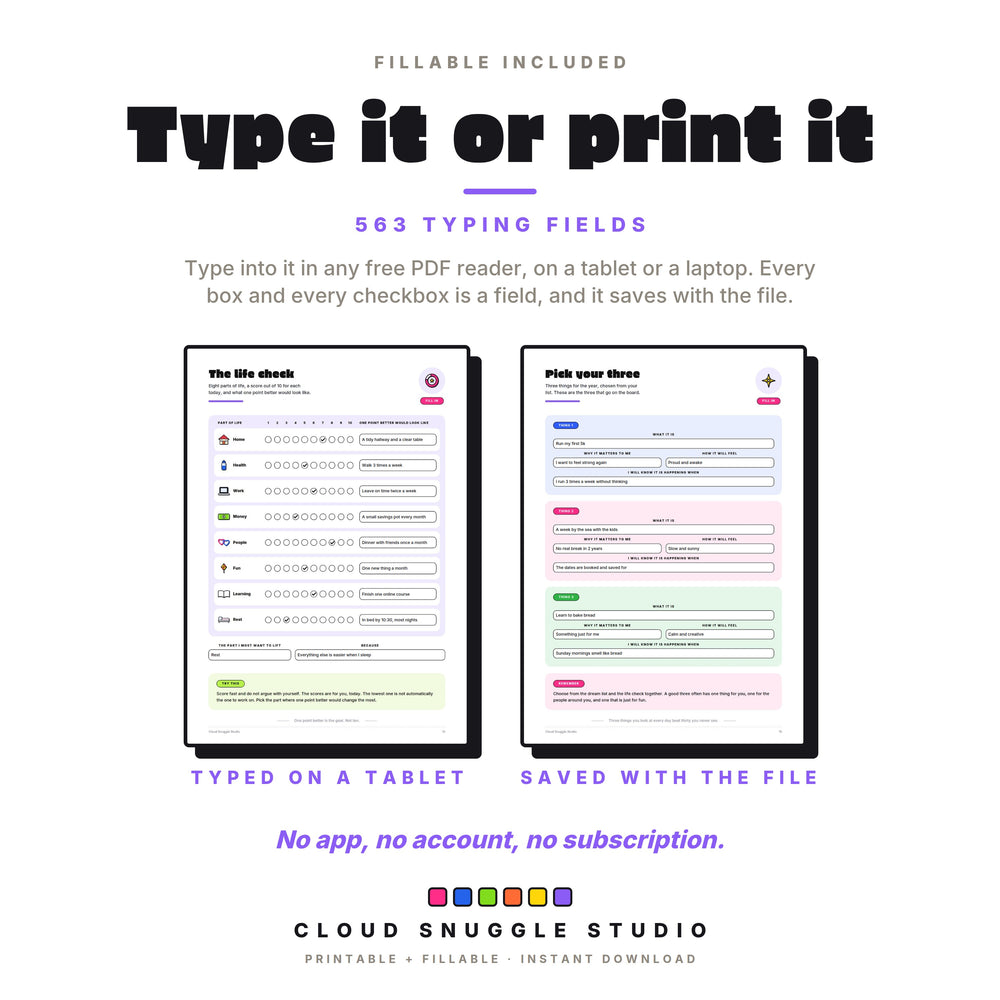 The fillable edition with typed entries on the life check and pick your three, showing every box can be typed into.
