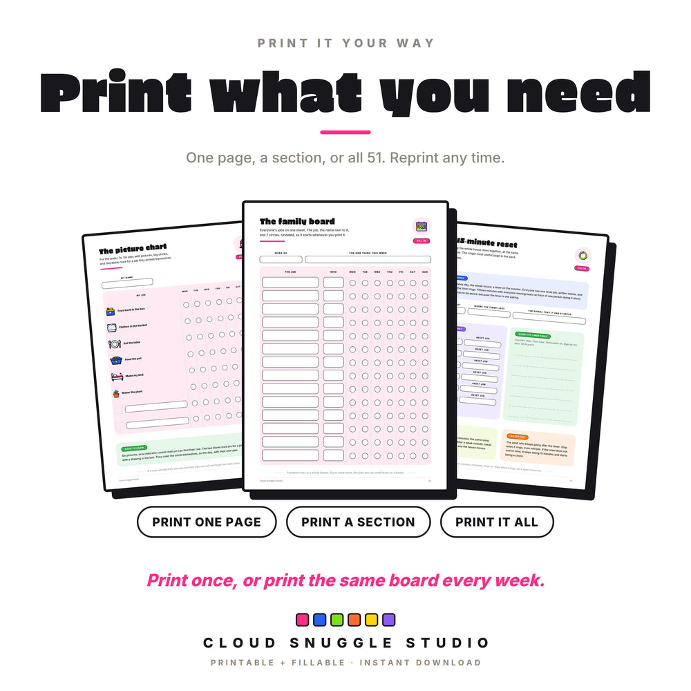 Print what you need: three pages fanned out with options to print one page, a section, or all 51.