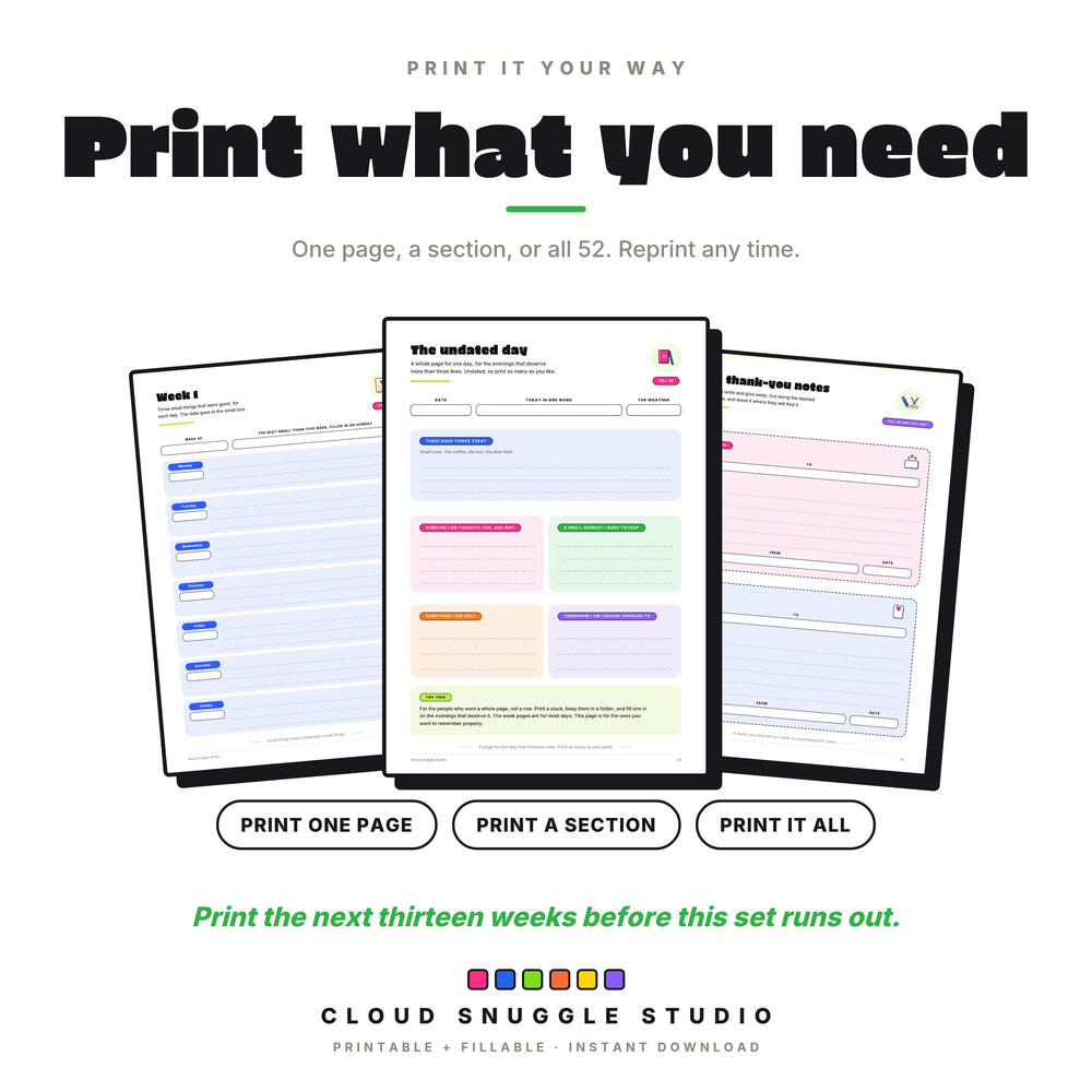 Print one page or a stack, shown with the week 1 page, the undated day and two thank-you notes.
