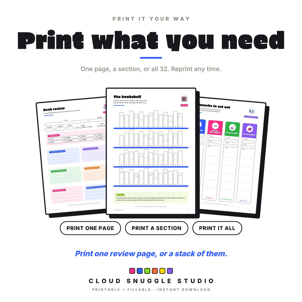 Print one page or a stack, shown with the book review, the bookshelf and the bookmarks.