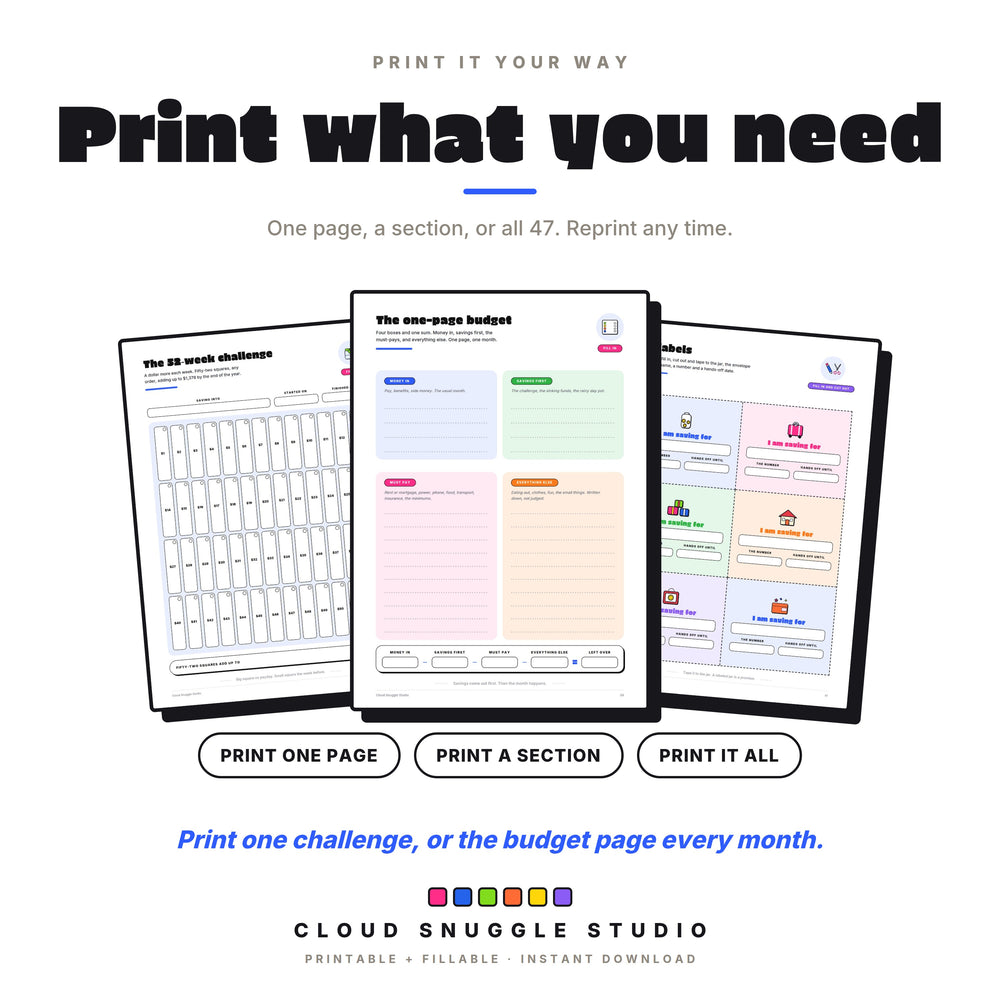 Print one page or a stack, shown with the 52-week challenge, the one-page budget and the jar labels.