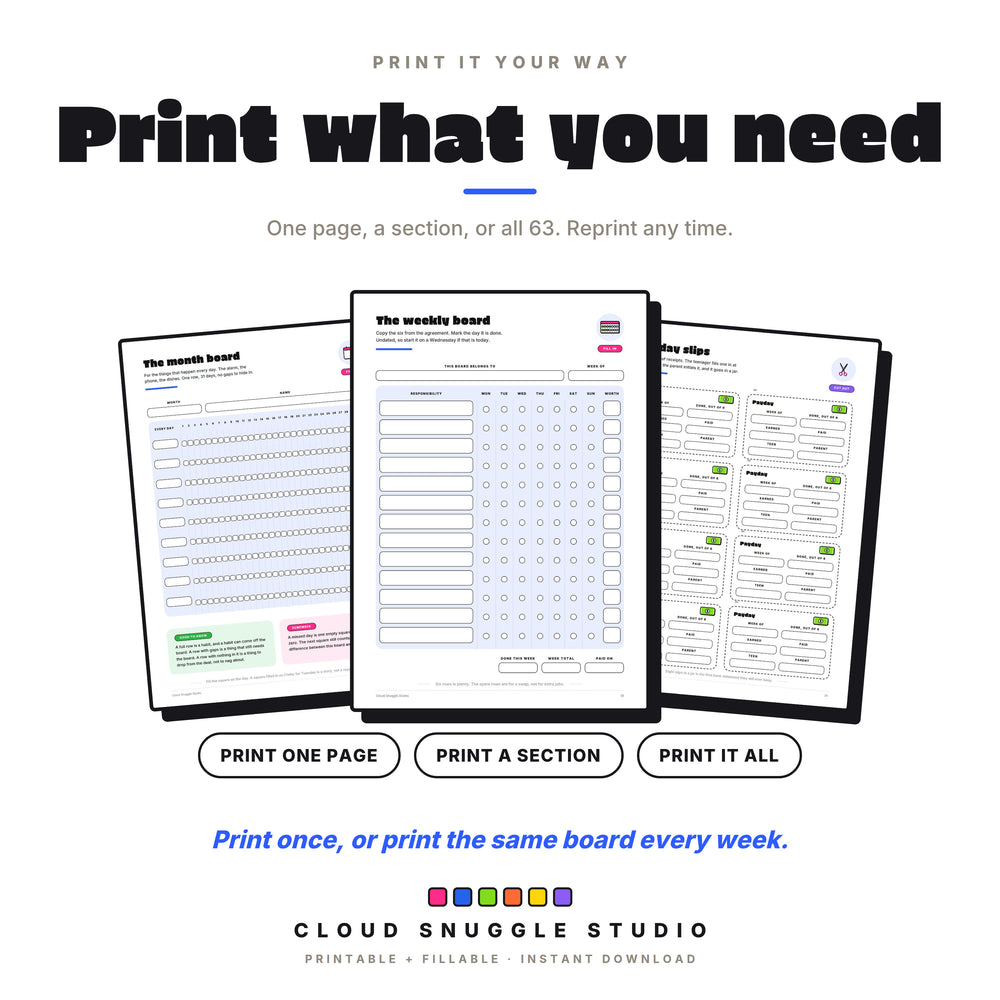 Print what you need: three pages fanned out with options to print one page, a section, or all 63.