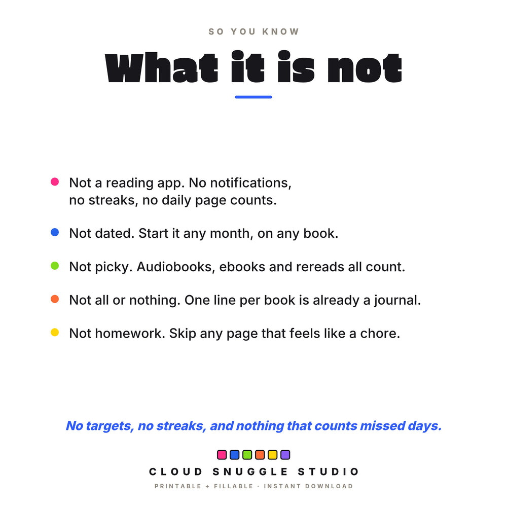 What this reading journal is not: not a reading app, not dated, not picky about audiobooks, not homework.