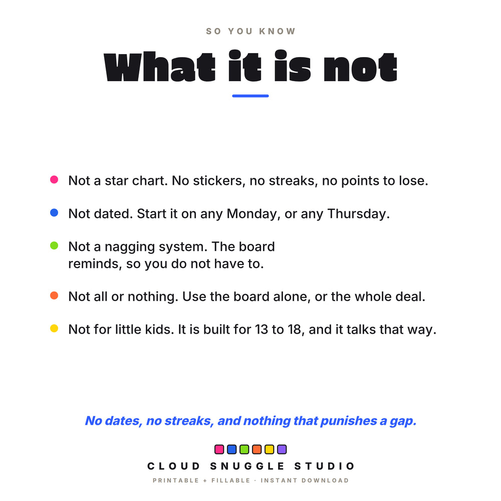 What this teen chore chart is not: not a star chart, not dated, not a nagging system, not for little kids.