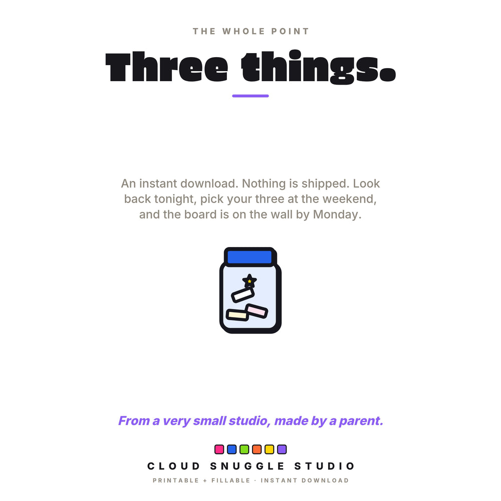 A note for you, titled Three things: look back tonight, pick your three at the weekend, and the board is on the wall by Monday, beside a wish jar.