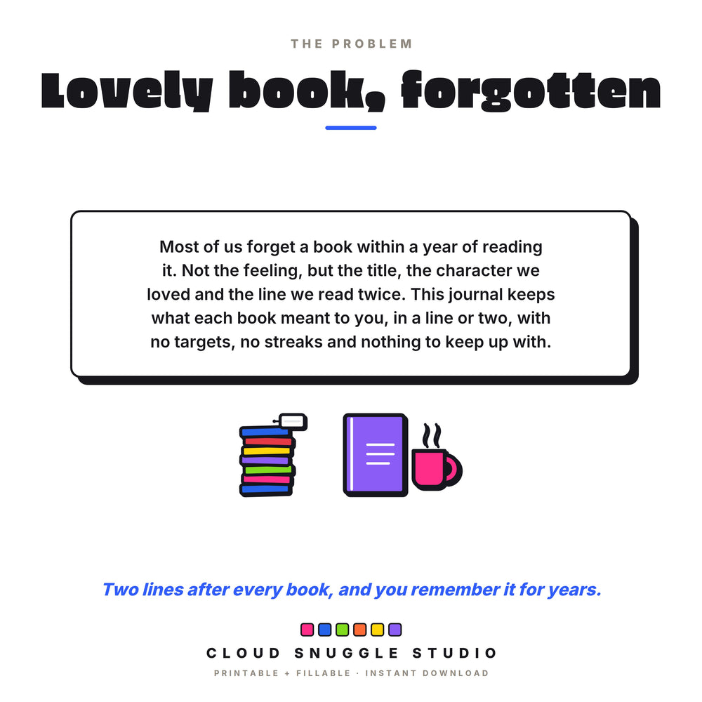 Why this reading journal exists: most books are forgotten within a year, so this journal keeps what each one meant, with no targets or streaks.