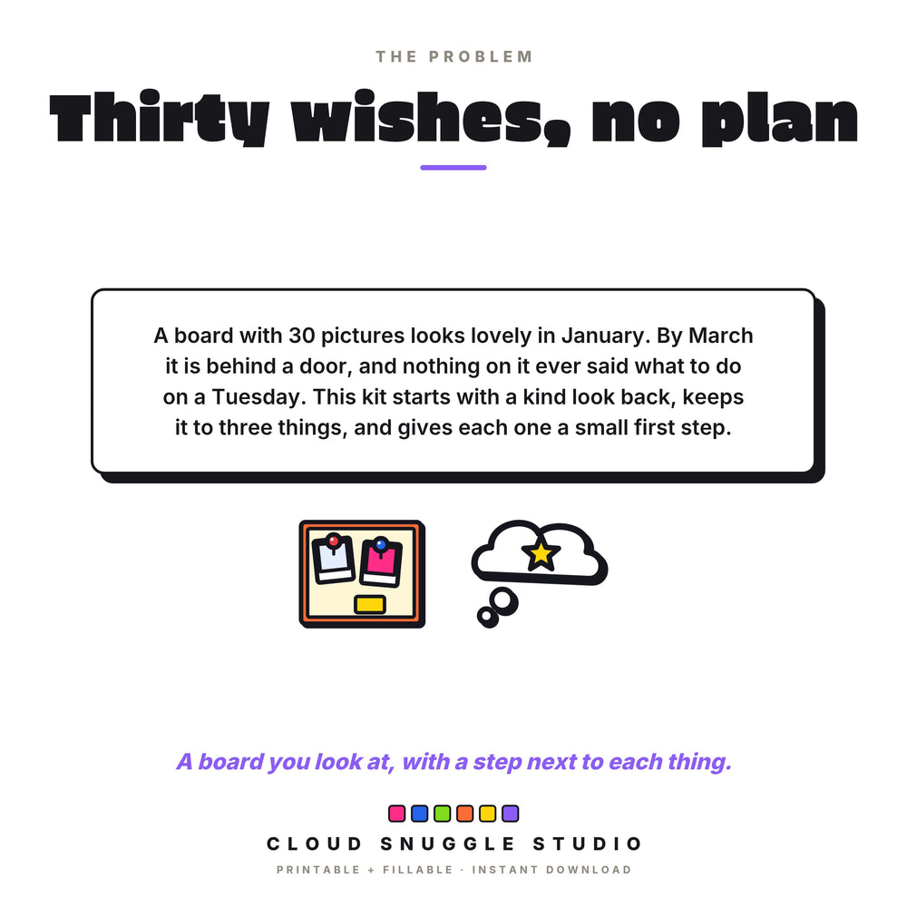 Why this vision board kit exists: a board with 30 wishes gets ignored by March, so this one keeps it to three things, each with a small first step.