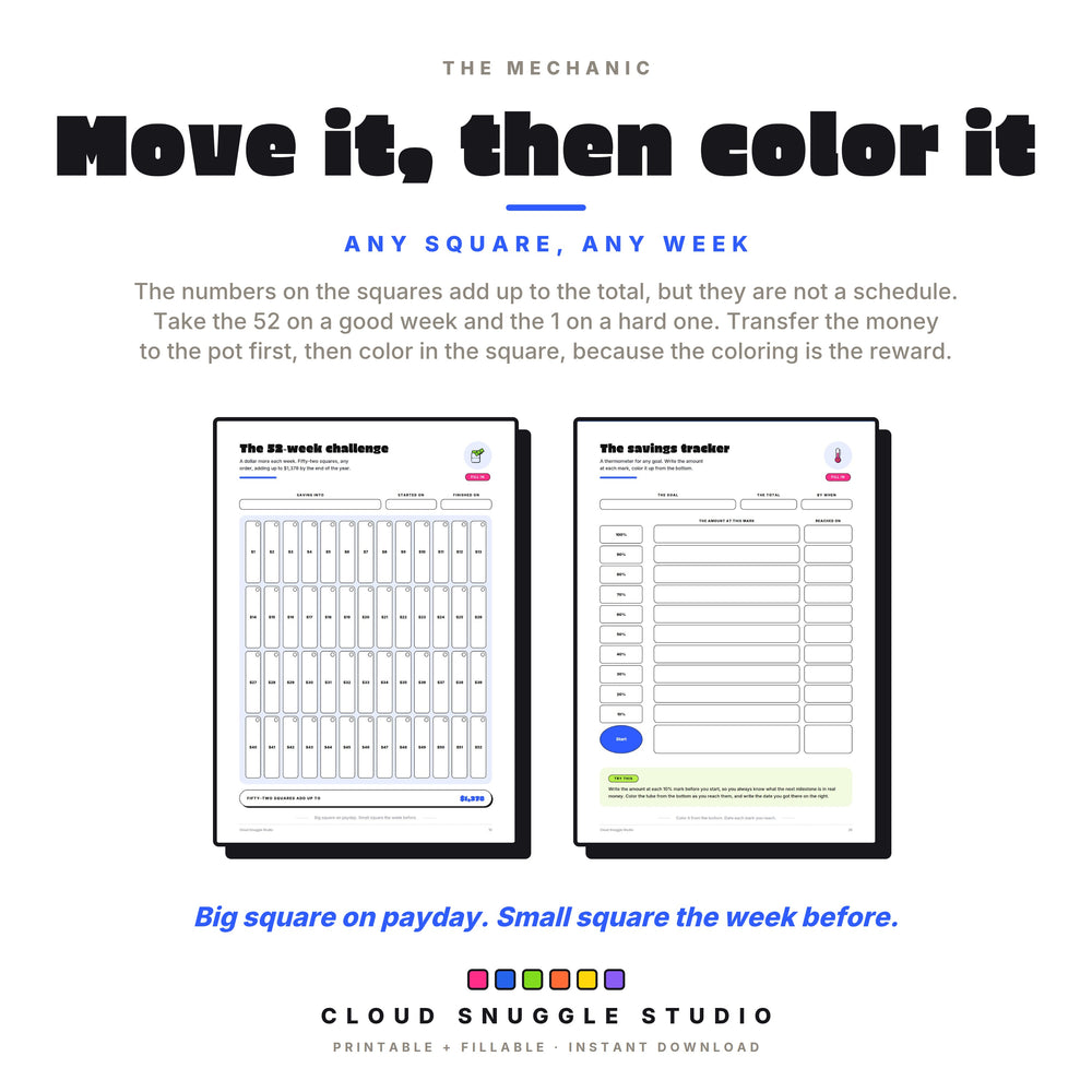 Move it, then color it: the 52-week savings challenge and the savings tracker, with squares to color in any order.