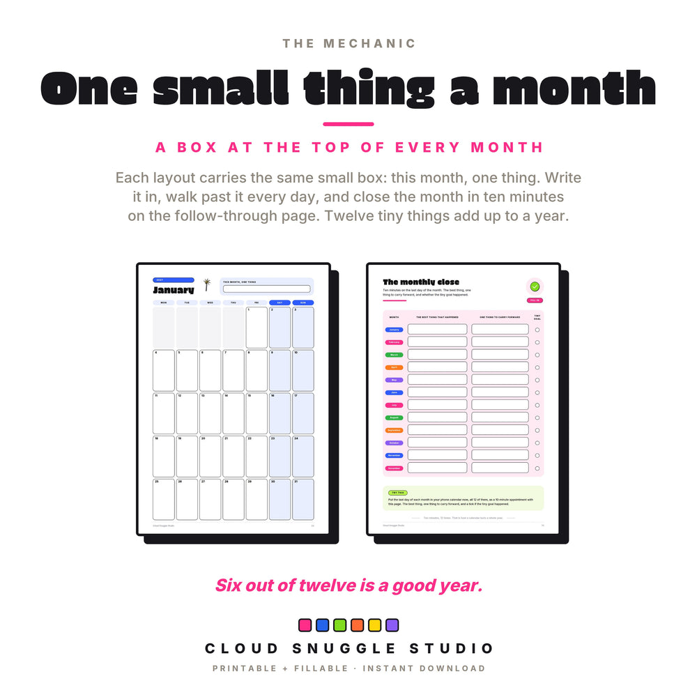 One small thing a month: the January wall calendar and the monthly close, with a box at the top of every month for one tiny goal.