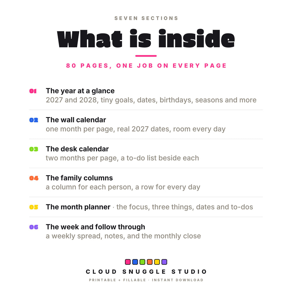 What is inside The Year Ahead 2027: the year at a glance, the wall, desk and family calendars, the month planner, the week and follow through.