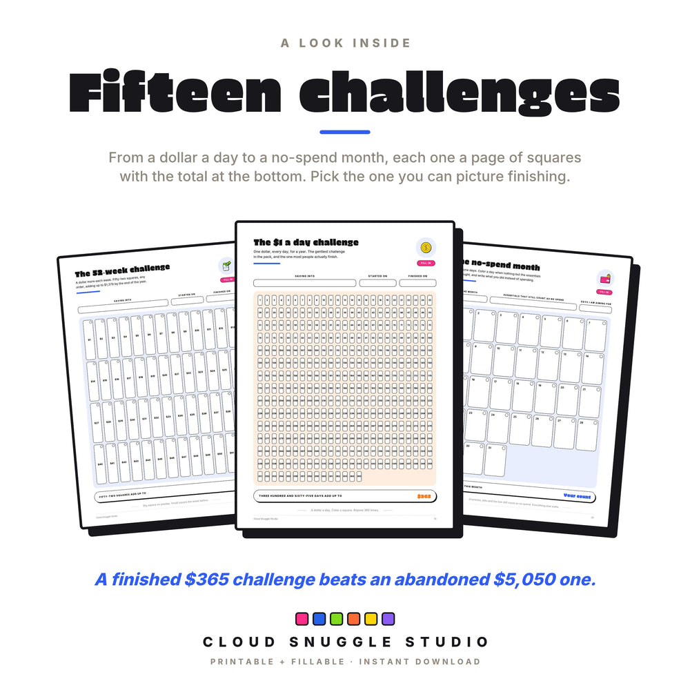 Real pages: the 52-week challenge, the $1 a day challenge with 365 squares, and the no-spend month.