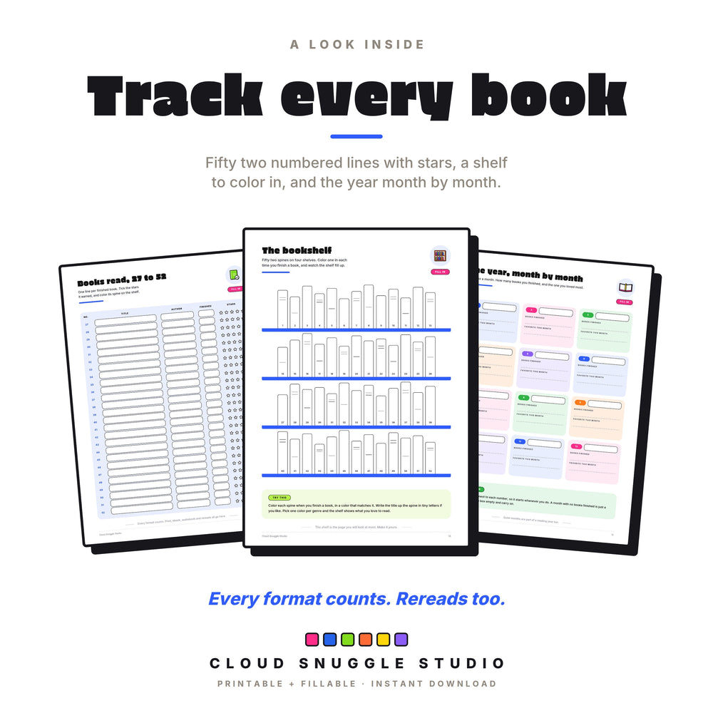 Real pages: books read 27 to 52, the bookshelf to color in, and the year month by month.
