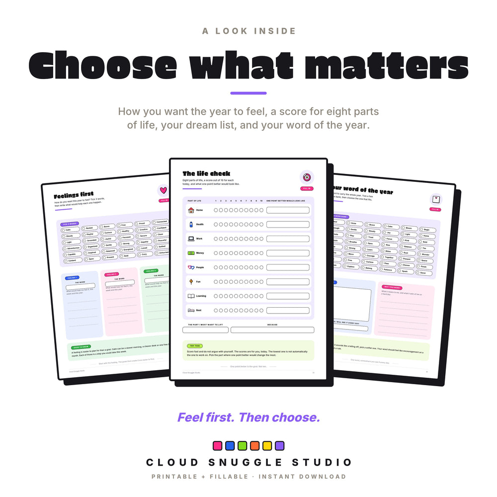 Real pages: feelings first with 36 feeling words, the life check with eight parts of life scored out of 10, and the word of the year page.