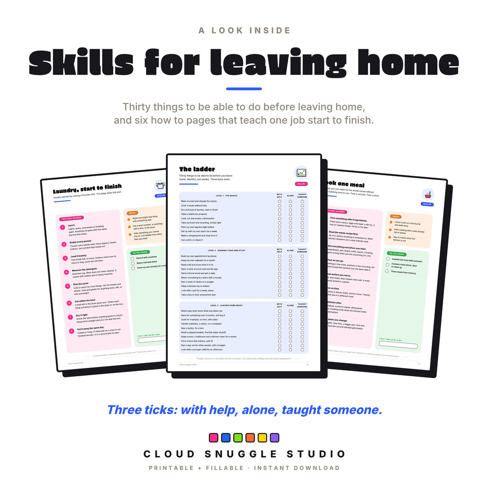 Inside pages: the 30-skill ladder for leaving home, plus how-to pages for laundry and cooking one meal.