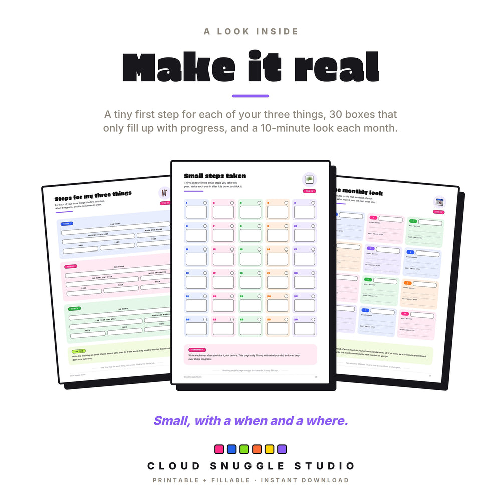 Real pages: steps for my three things, 30 small steps taken, and the monthly look with 12 boxes for the year.