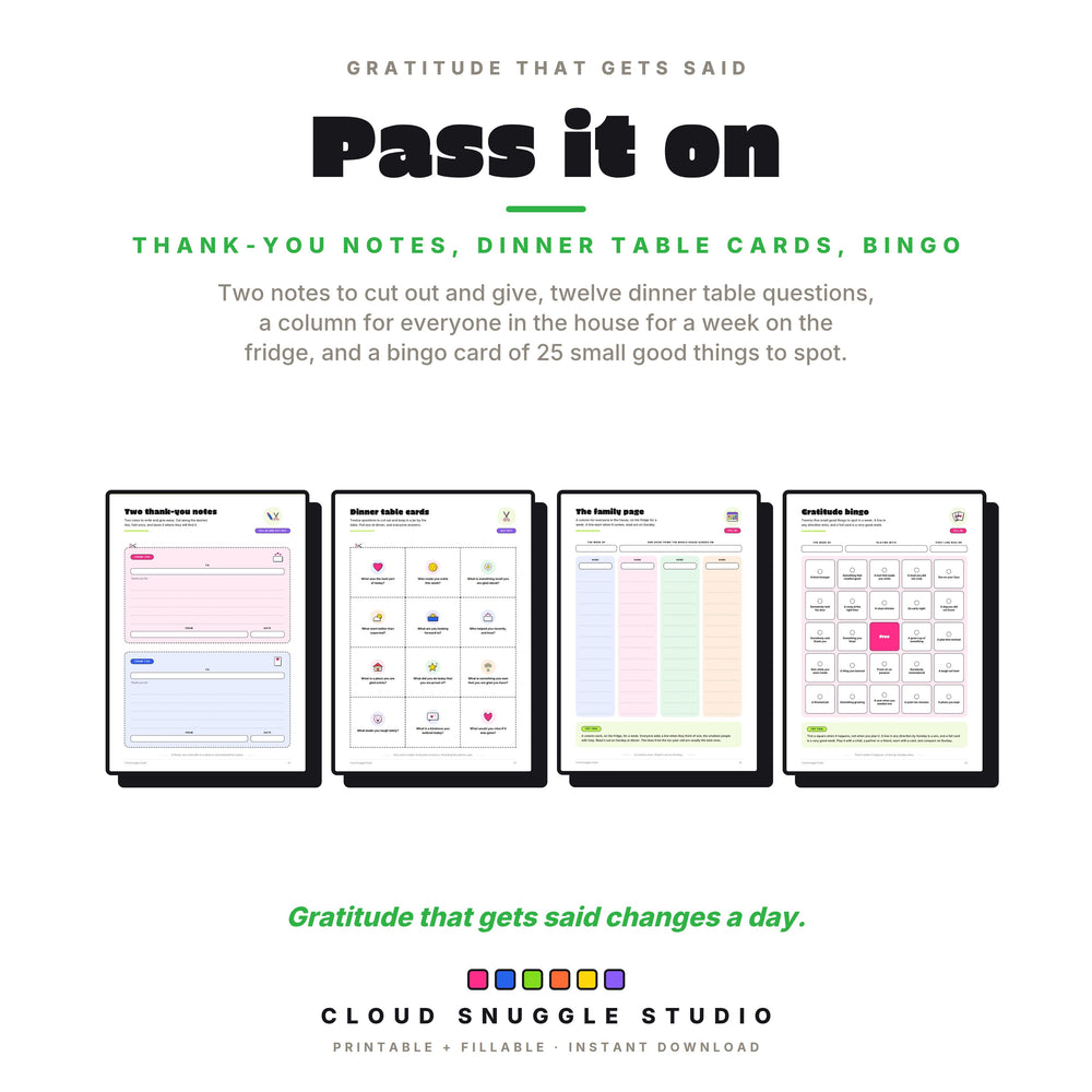 Pass it on: two thank-you notes to give, dinner table cards, the family page for the fridge, and gratitude bingo.