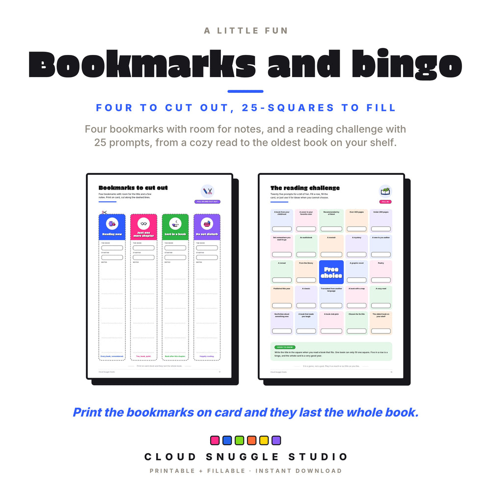 Four bookmarks to cut out with room for notes, and the reading challenge with 25 prompts and a free choice square.