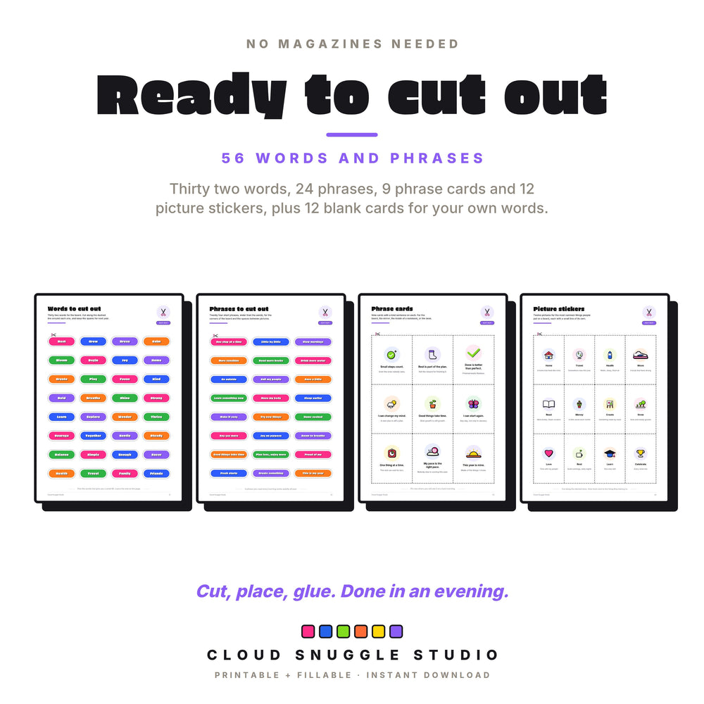 The cut-out pages: 32 vision board words, 24 phrases, 9 phrase cards and 12 picture stickers in bold colors with dashed cutting lines.