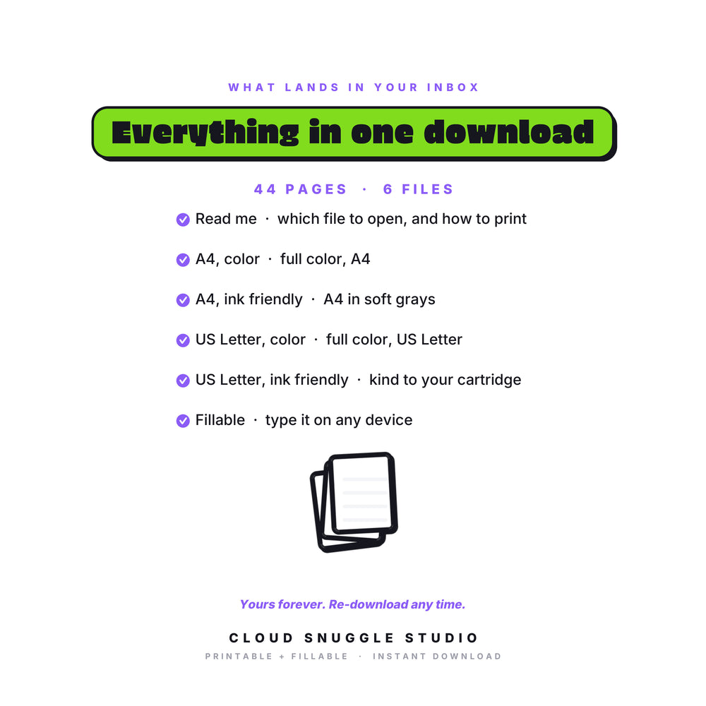 Everything in the Newly Diagnosed Starter Kit download, 6 files: read me, A4 color, A4 ink friendly, US Letter color, US Letter ink friendly, and a fillable PDF. A newly diagnosed starter kit printable for parents. Yours forever.