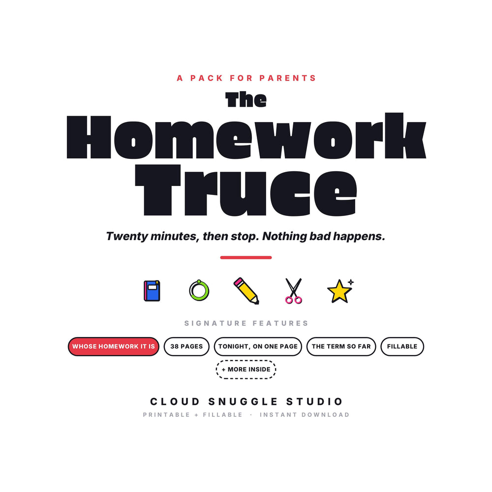 The Homework Truce, a homework help printable for parents from Cloud Snuggle Studio. 38 pages, 15 of them to write on. Printable and fillable PDF, A4 and US Letter, color and ink friendly. Instant digital download.