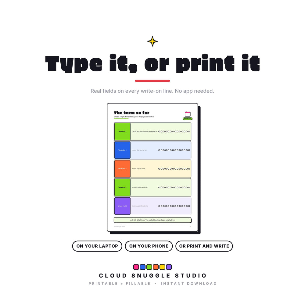 The Homework Truce as a fillable PDF: type onto every write-on line on a laptop, phone or tablet, or print it and write by hand. A homework help printable for parents with real form fields, no app needed.